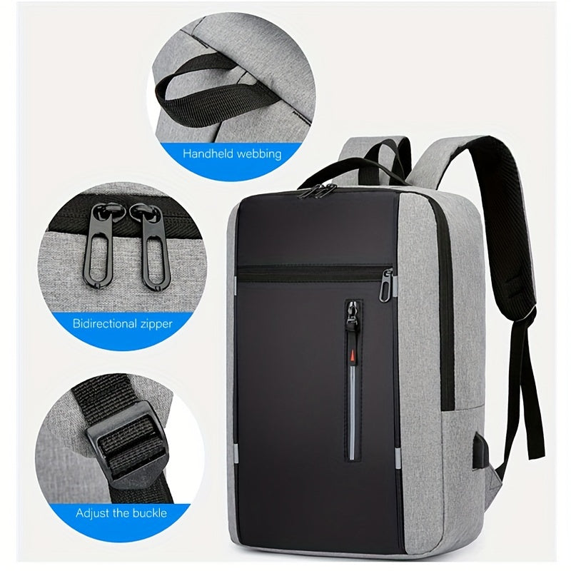 Blue nylon backpack for men with laptop compartment, USB charging port, and adjustable straps; ideal for business, travel, and daily use.