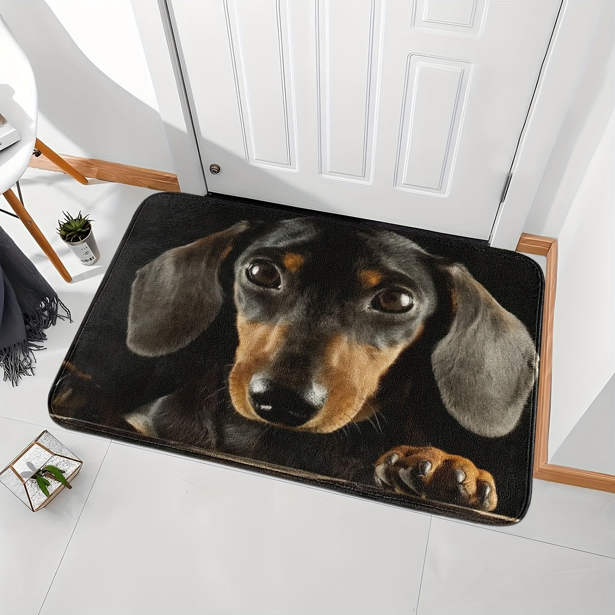 Machine washable, soft and absorbent Black Dachshund Dog Print Door Mat with non-slip backing for home entrances.