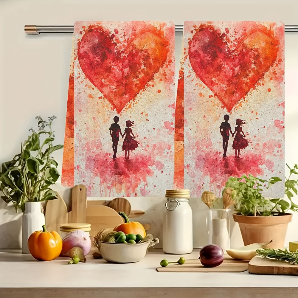 This duo of ultra-soft kitchen towels features a charming Valentine's design. They are highly absorbent for both dish drying and hand use, making them perfect for holiday decoration. Machine washable for easy care, each towel measures 40.64X60.96 cm.