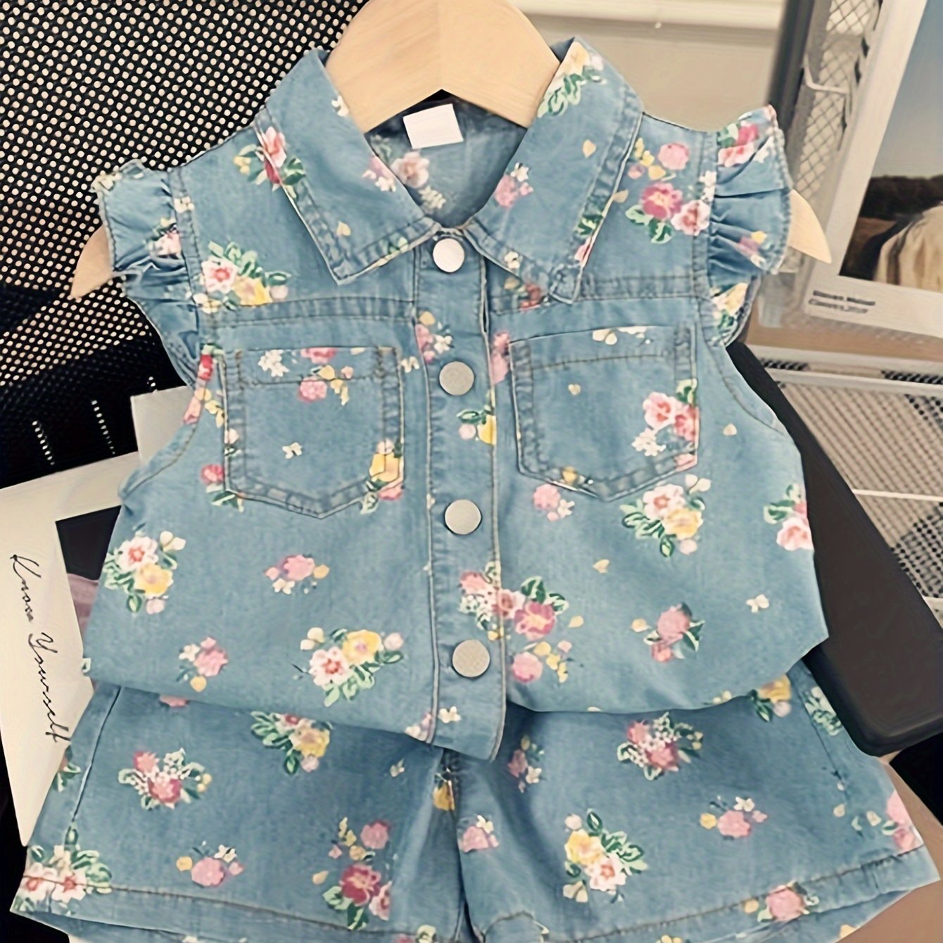 Kids denim floral print outfit set with short sleeve top and matching shorts for toddlers and children 3-8 years. Made of 100% polyester woven fabric, non-stretch. Suitable for summer daily