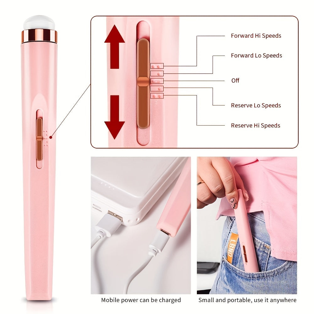 Portable electric nail drill with 5 attachment bits, LED light, adjustable speed, USB charge for manicure and nail care.