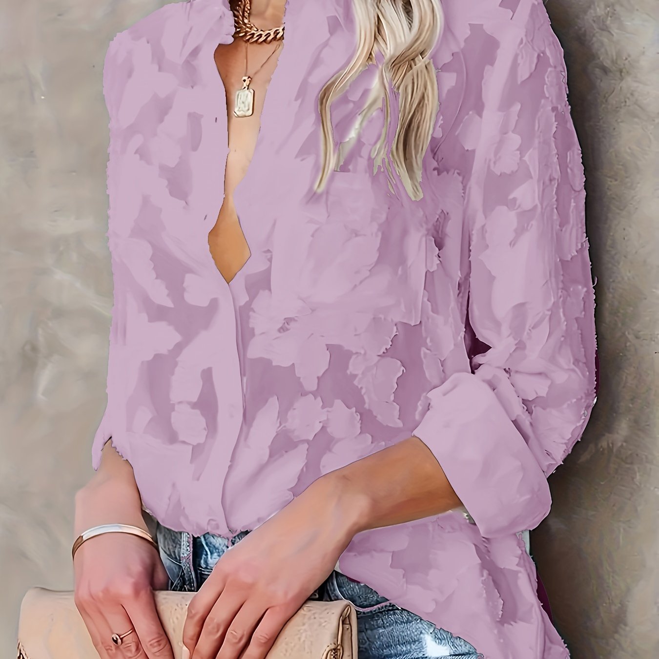 Jacquard sheer loose blouse with long sleeves, perfect for spring and fall.