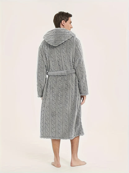 Men's fleece hooded robe for home and hotel use, with belt for comfort.