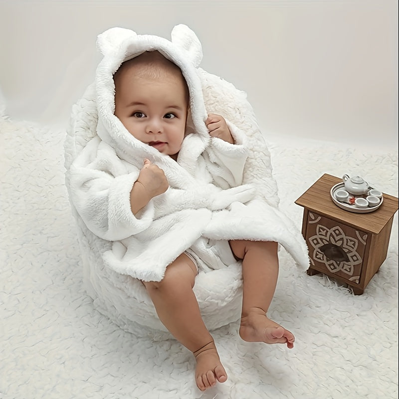 White Baby Bathrobe with Matching Nightgown, Perfect for Newborn Photoshoots and Baby Photography. Includes Cozy Pajamas and Plush Bath Towel.