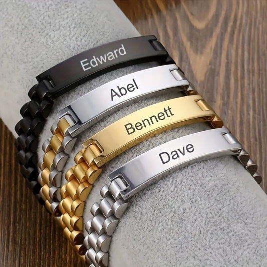 Engraved Stainless Steel Bracelet with 18K Gold Plating, Custom Name, Vintage Minimalist Design, Perfect Gift for Father's Day, Back to School, Christmas, and Valentine's Day for Dad, Son, or Classmate - Suitable for All Seasons.