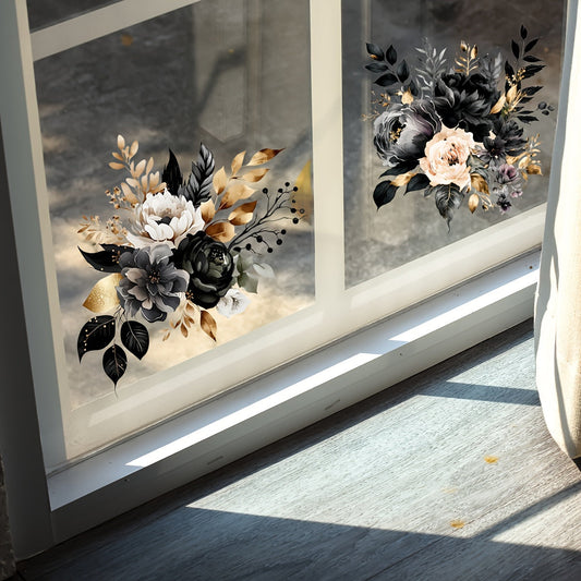 2 Elegant Floral Window Clings in Contemporary Black and Golden PVC - Decorative Glass Decals, Self-Adhesive and Removable Stickers for Displaying in Home and Office Windows, Window Decorations