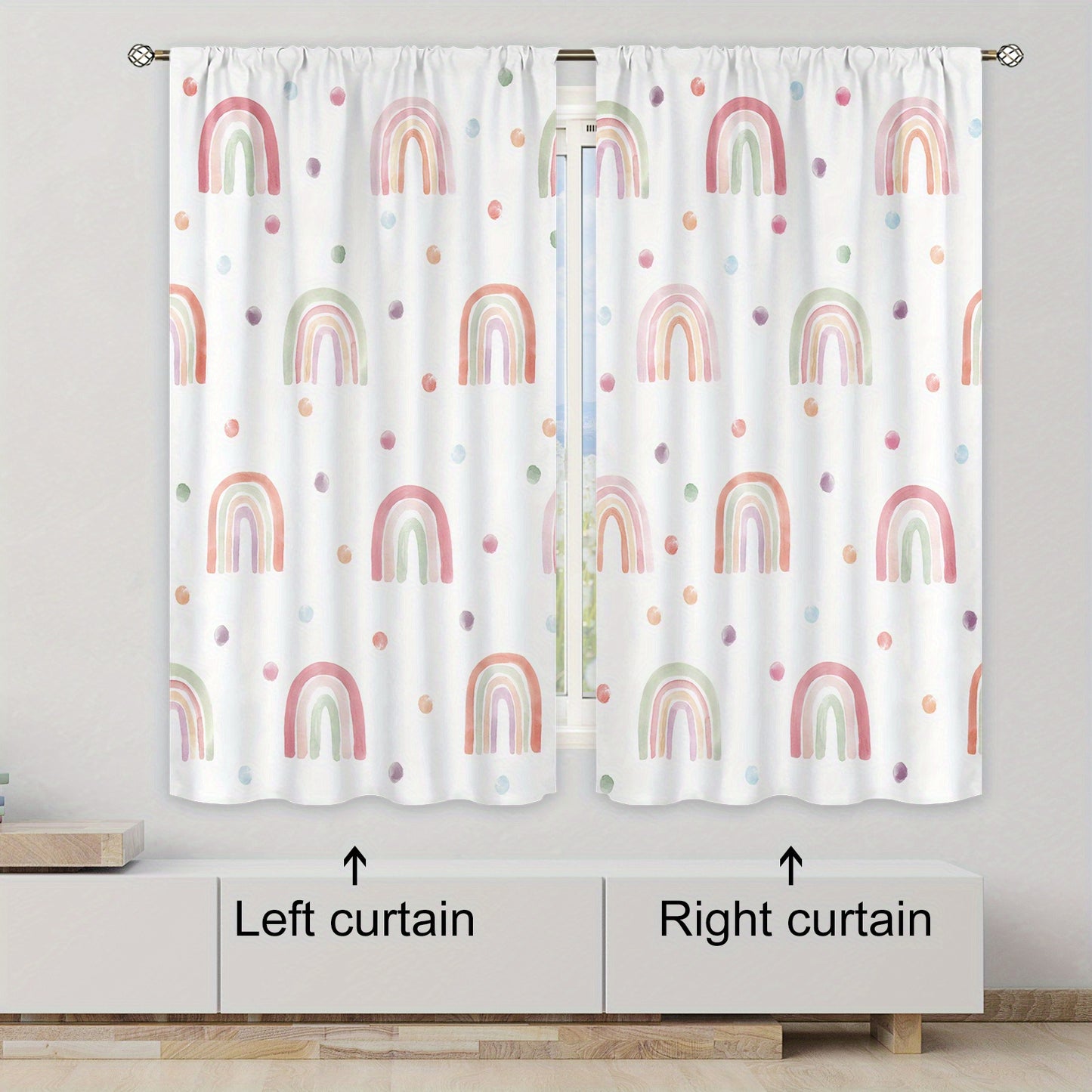 Polyester curtain with Bohemian Rainbow Cartoon design, 214cm x 160cm, 2 pieces.