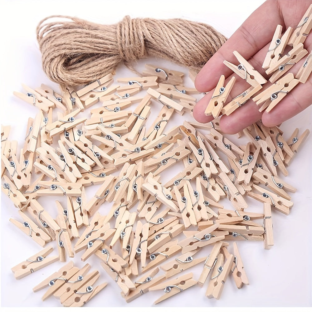 200 pieces of 1-inch wooden mini clothespins with 10.06 meters of jute twine. Made from durable hardwood with strong springs, perfect for photos, crafts, arts, cocktails, and home decor.