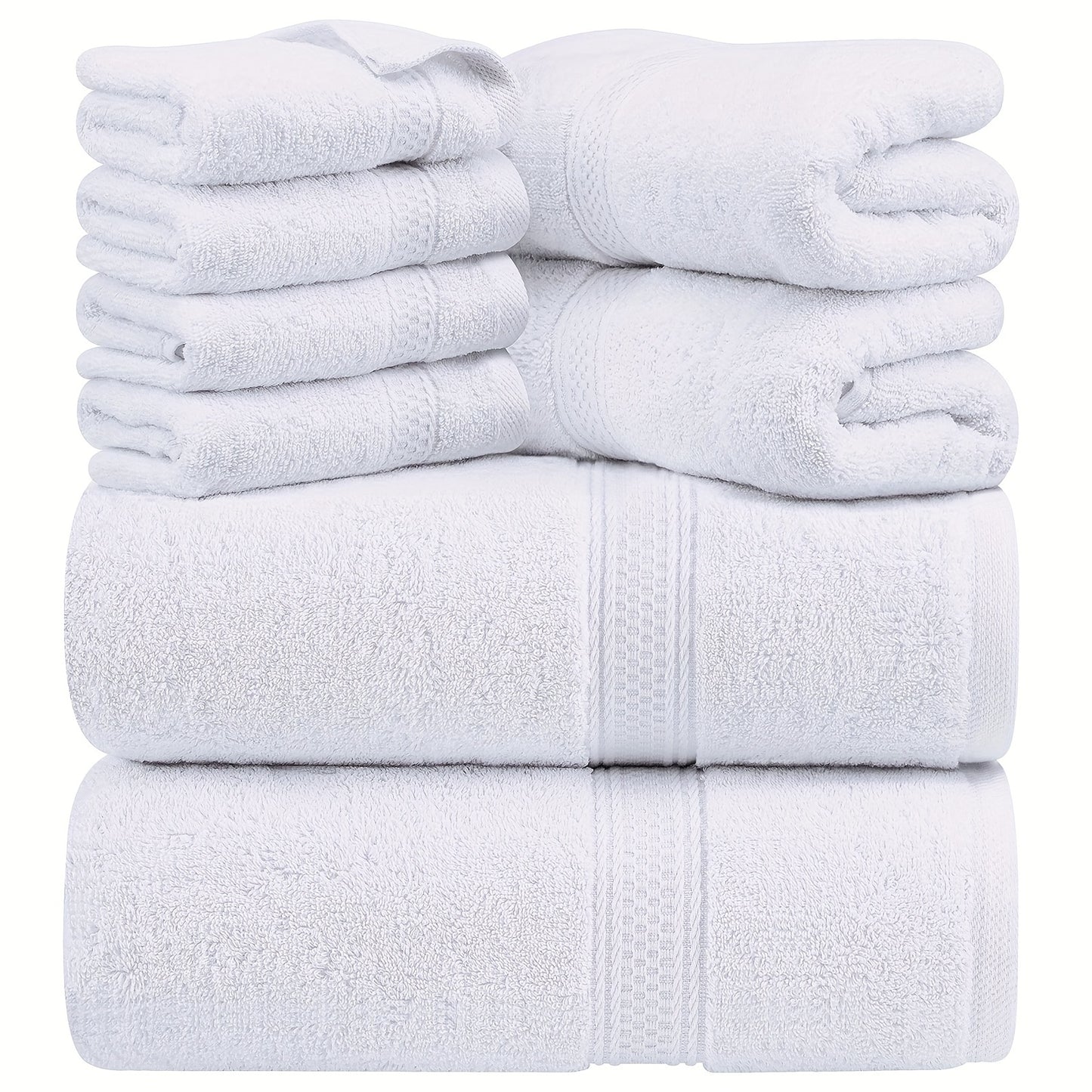 8-piece superior towel set made of ring spun cotton includes 2 bath towels, 2 hand towels, and 4 wash cloths in multicolor, perfect for bathroom, gym, hotel, and spa use.