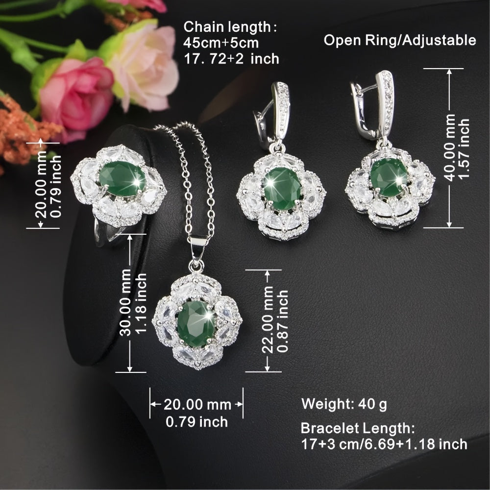 Stylish 5-piece Jewelry Collection for Women - Featuring Green Cubic Zirconia and White Gold Plating, Set includes Earrings, Adjustable Ring, Necklace, and Bracelet - Ideal for Weddings and Special Events.