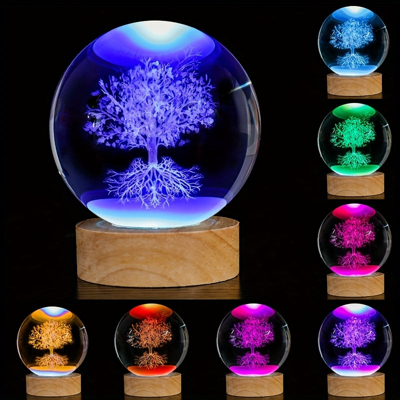 1 Tree of Life crystal ball night light, engraved with 3D glass plant design, perfect for gifts and home decor.