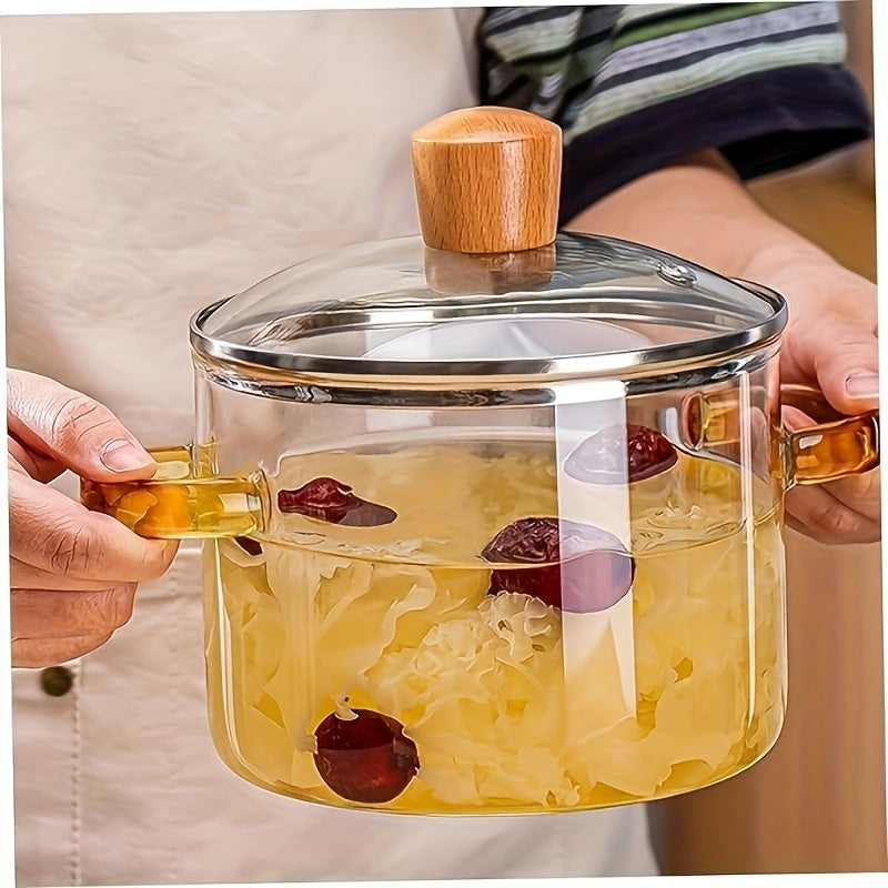 1.5L Glass Simmer Pot - Heat-resistant, stovetop & microwave safe, dual yellow handle, transparent cooking pot for soup, milk, porridge, and more - Durable, non-toxic, and easy to clean.