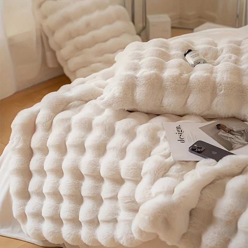 One piece of decorative soft and thick fuzzy faux rabbit fur throw blanket for couch or sofa. This reversible plush warm fleece blanket is perfect for winter, providing luxury and coziness. The cute and furry cream white blanket is also ideal for bed.