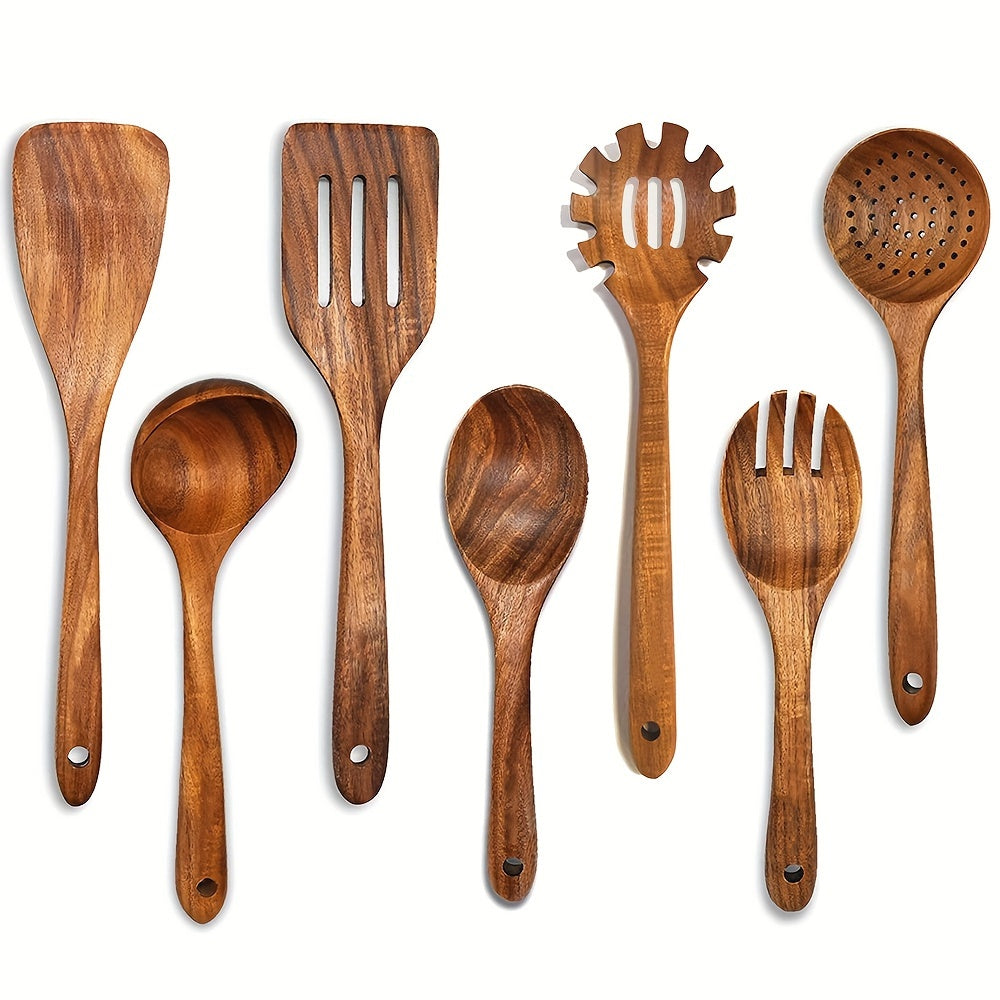 Set of 7 cooking utensils made of premium wood, including a shovel and spoon, designed for heat resistance and use with non-stick pans. Also includes a salad spoon and fork, perfect kitchen accessories for cooking.