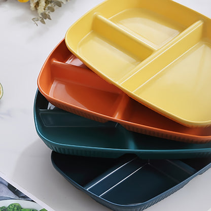 1-pc divided plates for portion control, including dessert and salad sections, made of microwave and dishwasher safe PP material.