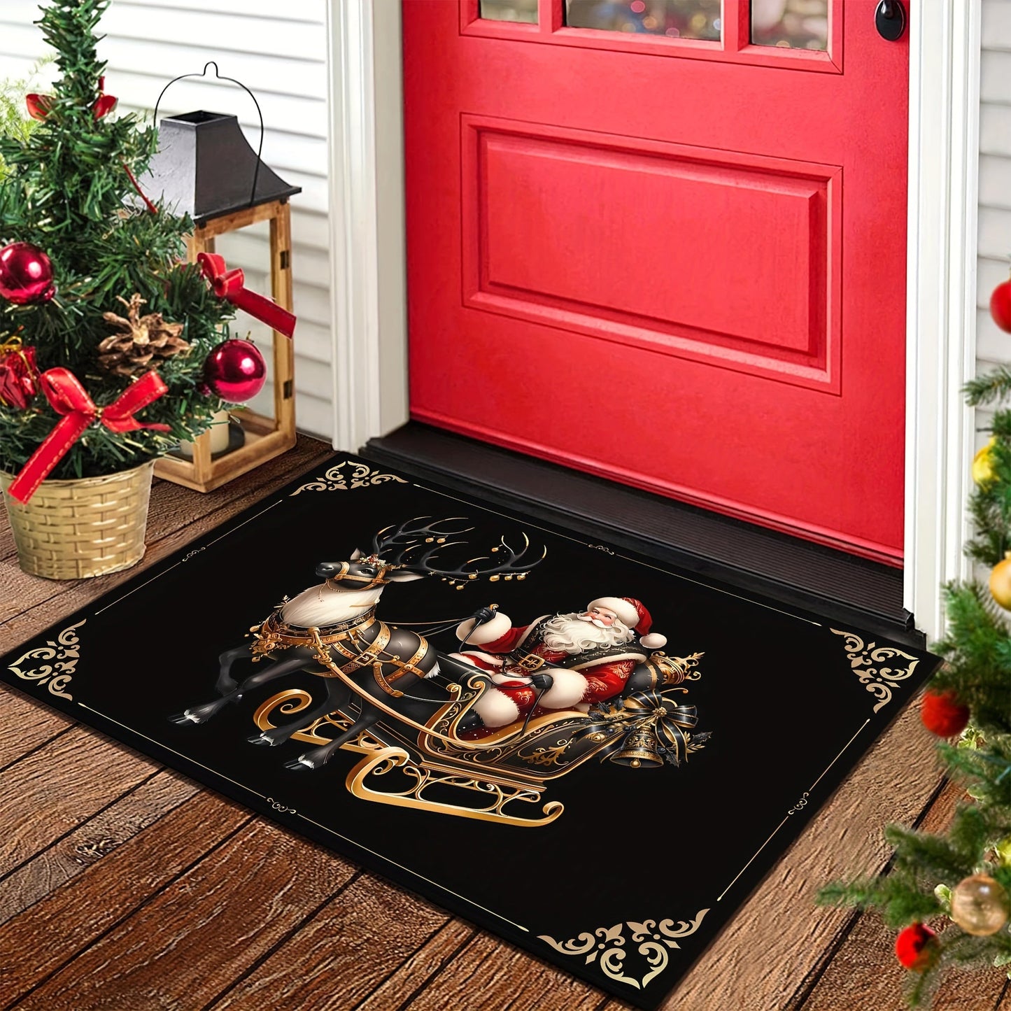 Get in the holiday spirit with our Merry Christmas Welcome Doormat! This 6mm thick mat is non-slip and machine washable, featuring a black and golden elk design that is perfect for adding a festive touch to your home decor. Ideal for Christmas