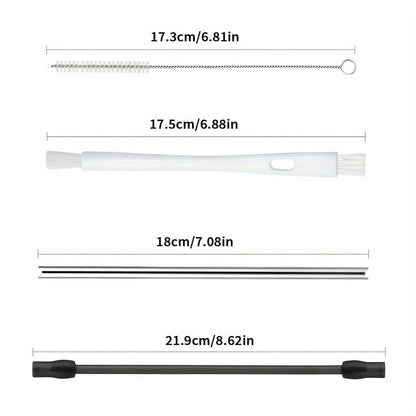 The Stainless Steel Milk Hose Set for Fully Automatic Coffee Machines includes 2 Cleaning Brushes and is compatible with EQ6 and Veroaroma models.