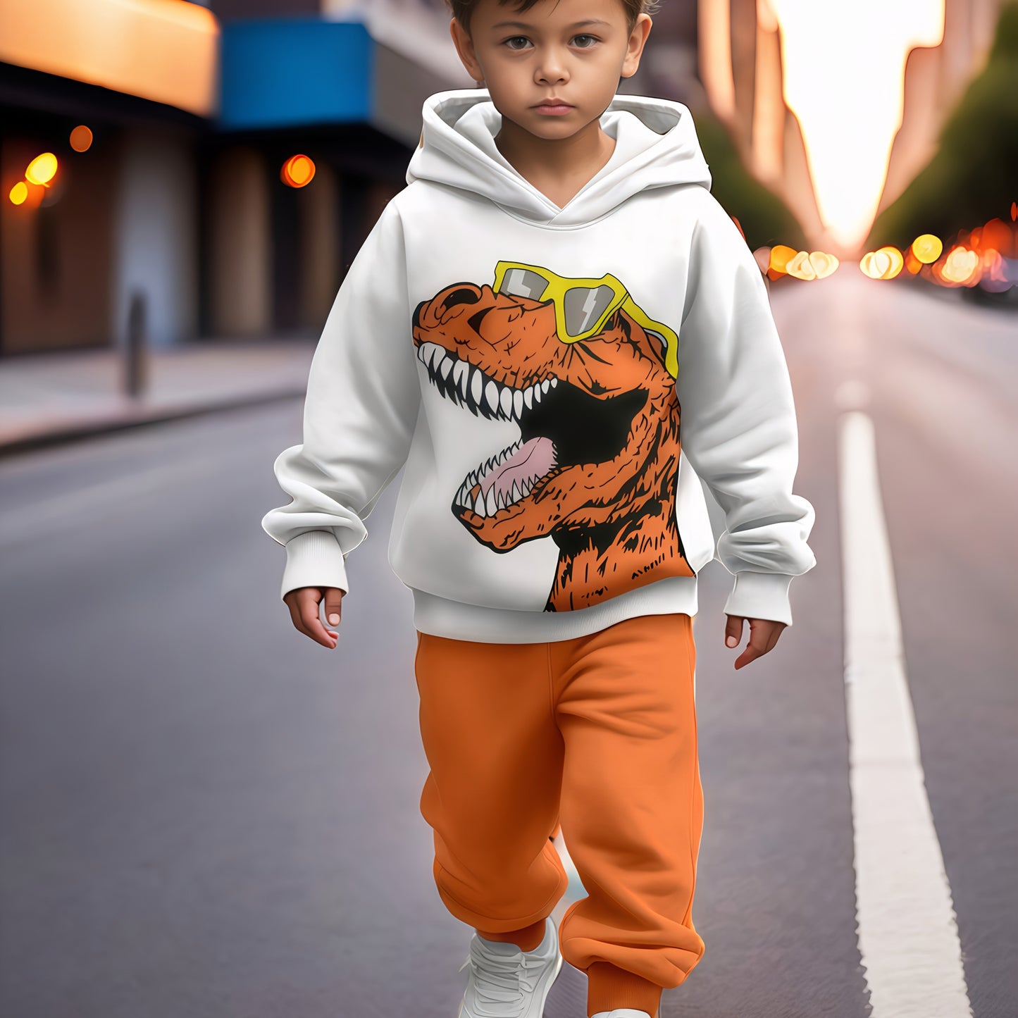 2-piece dinosaur print sweatshirt sports suit for boys, ideal for outdoor wear in spring and autumn. Comfortable fabric, great gift for youngsters.