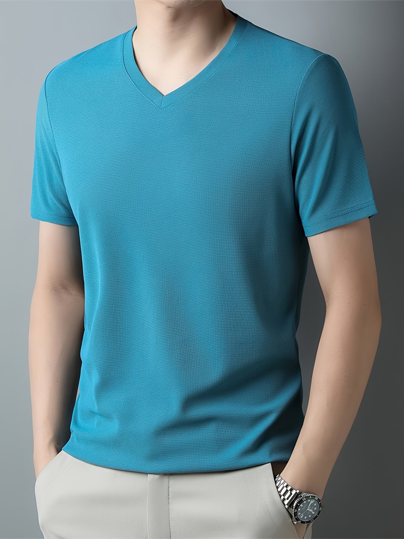 Men's casual short sleeve V-neck tee for summer outdoor wear.