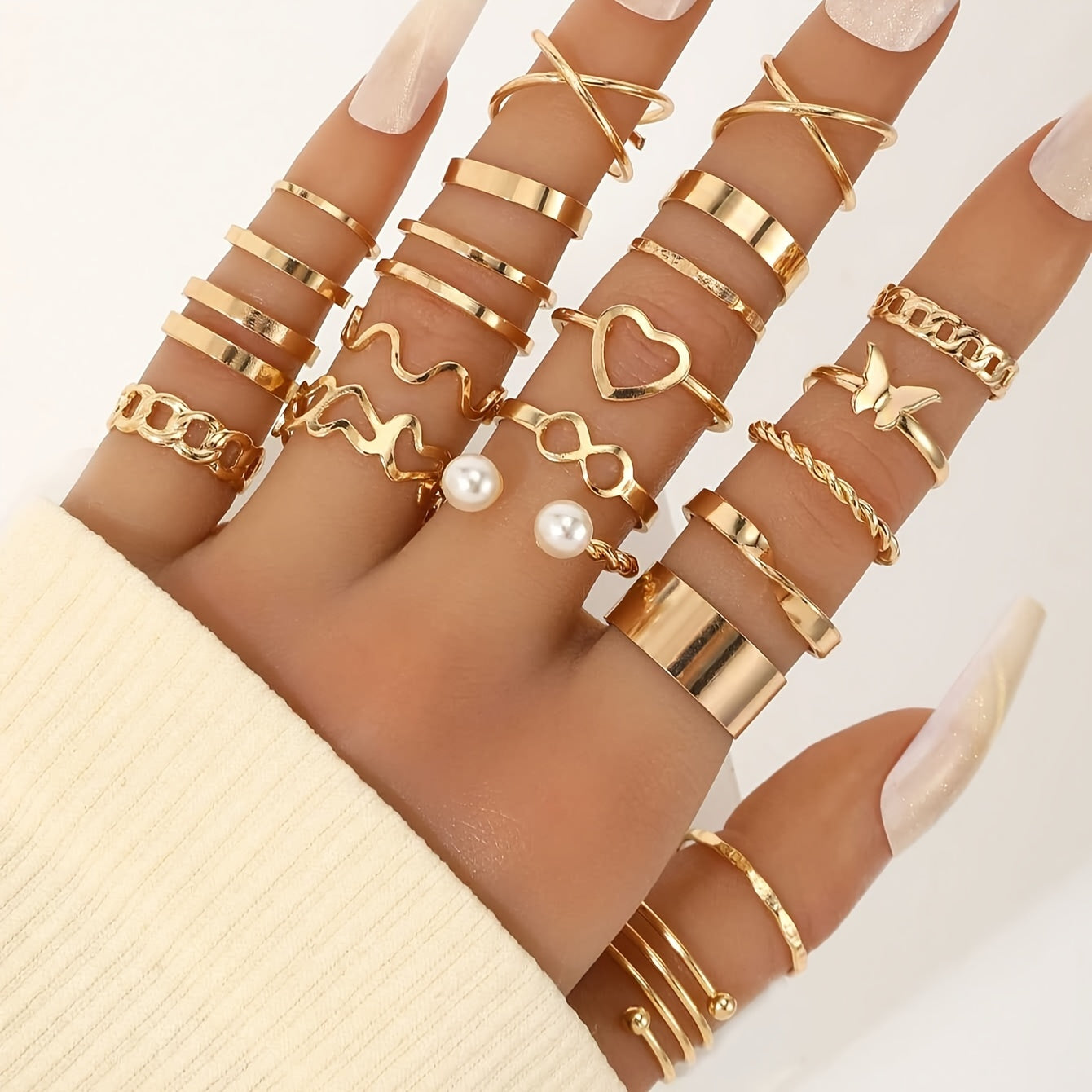 22 elegant and simple women's fashion stackable open rings set, ideal for back-to-school season gifts.