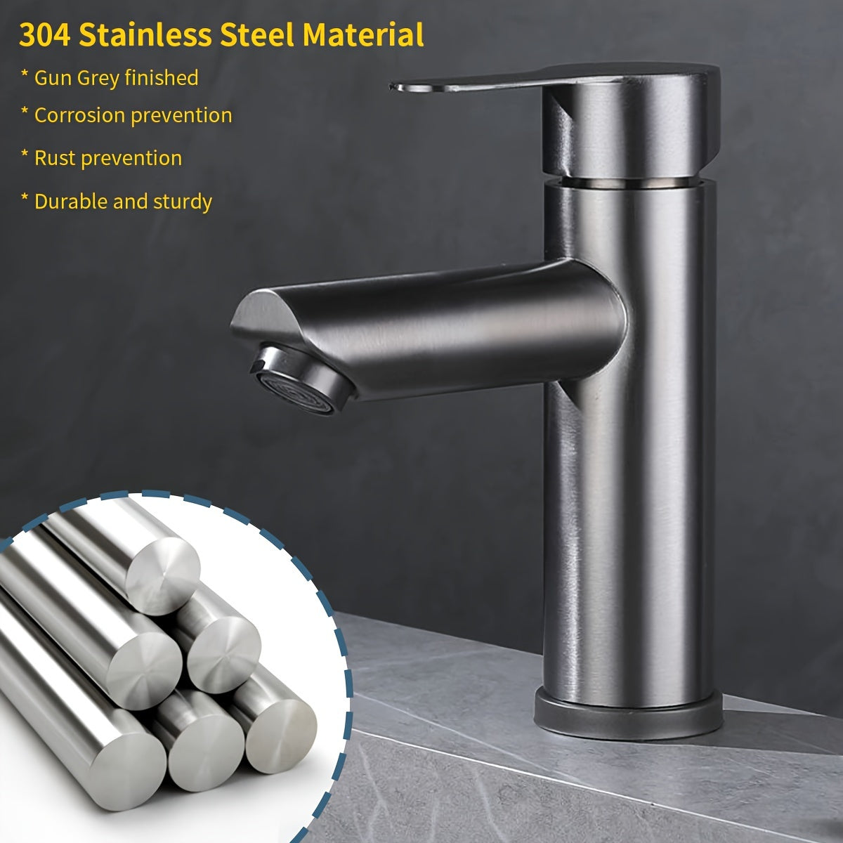 Modern 304 stainless steel faucet, single handle dual control, gun grey finish for home bathroom sink with rust prevention.