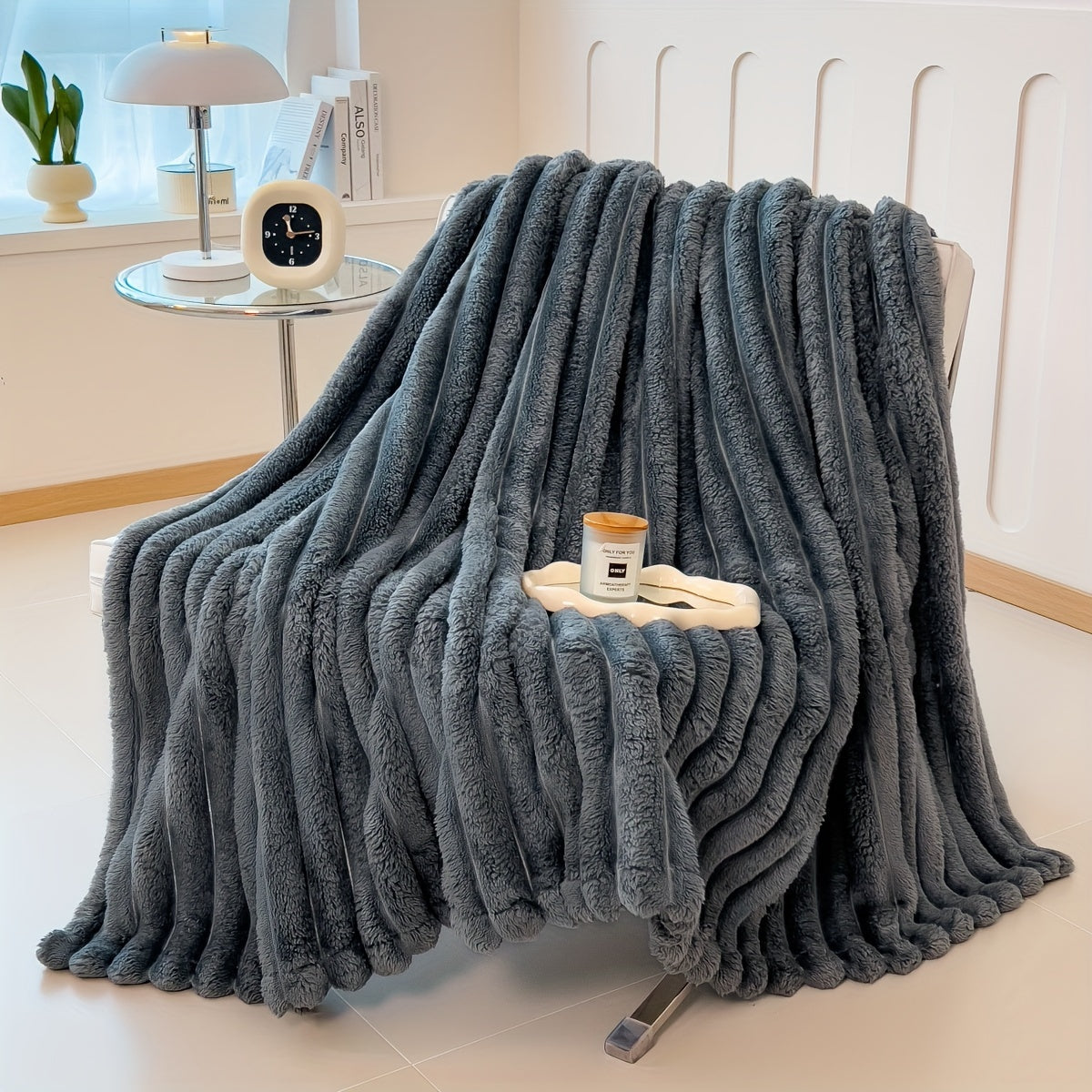 Cozy Contemporary Striped Plush Blanket made with Thickened Polyester Knit Fabric, Perfect for All Seasons. Can be used as a Bedspread, Nap Blanket, or even as a Pet Blanket. Weighs 250-300gsm.