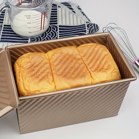 Premium 1-piece 450g Carbon Steel Loaf Pan with Lid - Non-Stick Coating, Features Ridges for Perfectly Crusted Bread, Great for Thanksgiving Toast and Cake Baking, Rectangular Shape