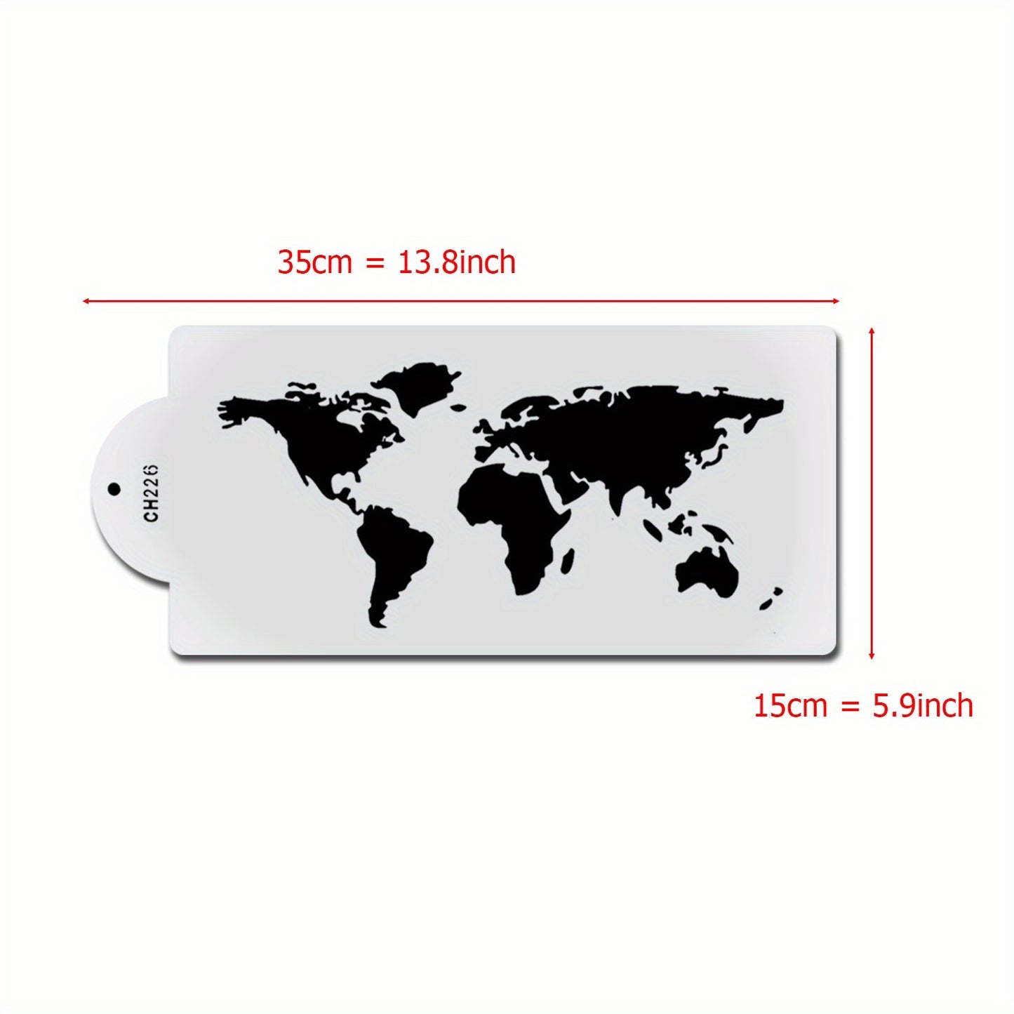 Cake stencil for map shape design, measuring 14.99cm X 35.05cm. Ideal for decorating cakes with spray flower patterns, made of durable plastic. Can also be used for cookies, fondant, and desserts. Perfect for baking enthusiasts and kitchen lovers.