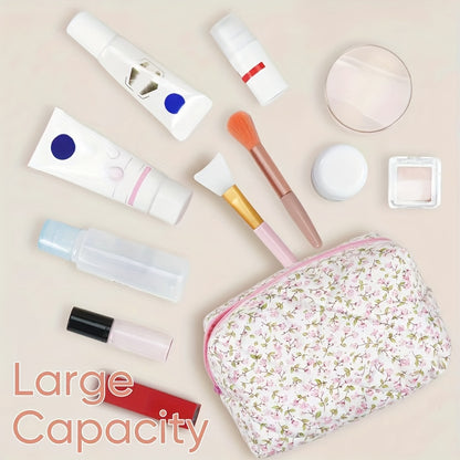 Simple and sweet floral quilted cosmetic bag with large capacity for makeup and skincare. Suitable for both men and women. Fragrance-free and water-resistant.