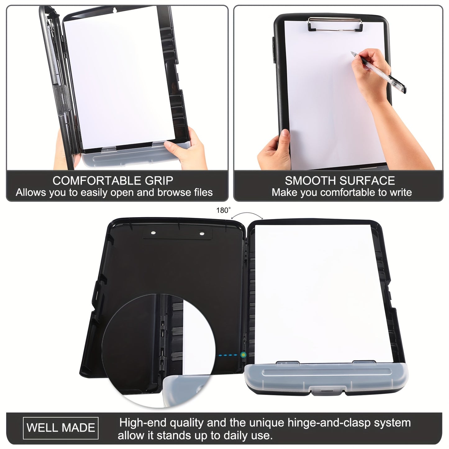 Large capacity nursing clipboard with storage and pen holder, heavy-duty plastic construction, side-opening design for writing.