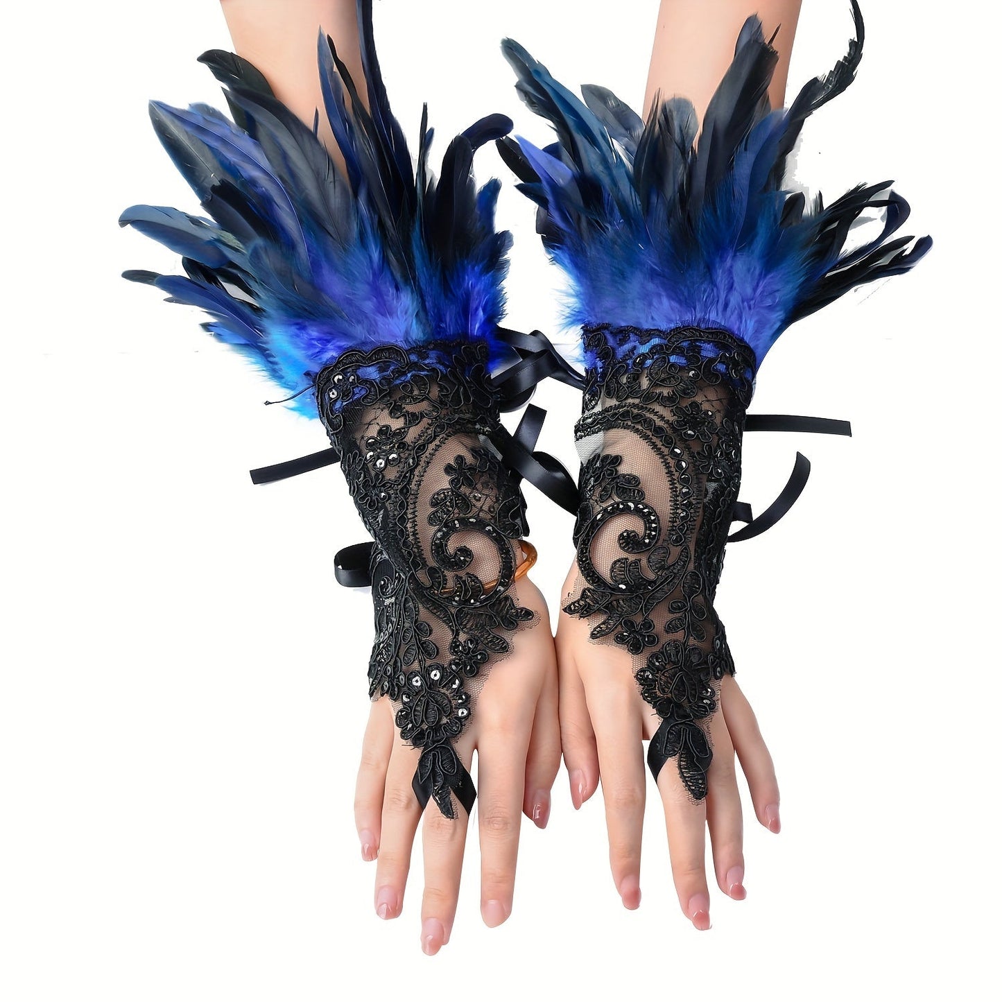 Chic Gothic-inspired gloves with faux feathers, monochrome lace, sequins, and lace-up hooks. Perfect for Halloween parties or dressing up your wrists.