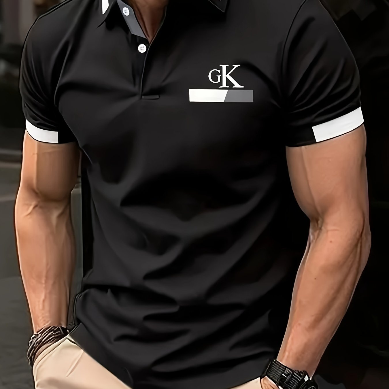 Men's summer fashion shirt with short sleeves, button detail, solid color, icon print, and breathable polyester fabric.