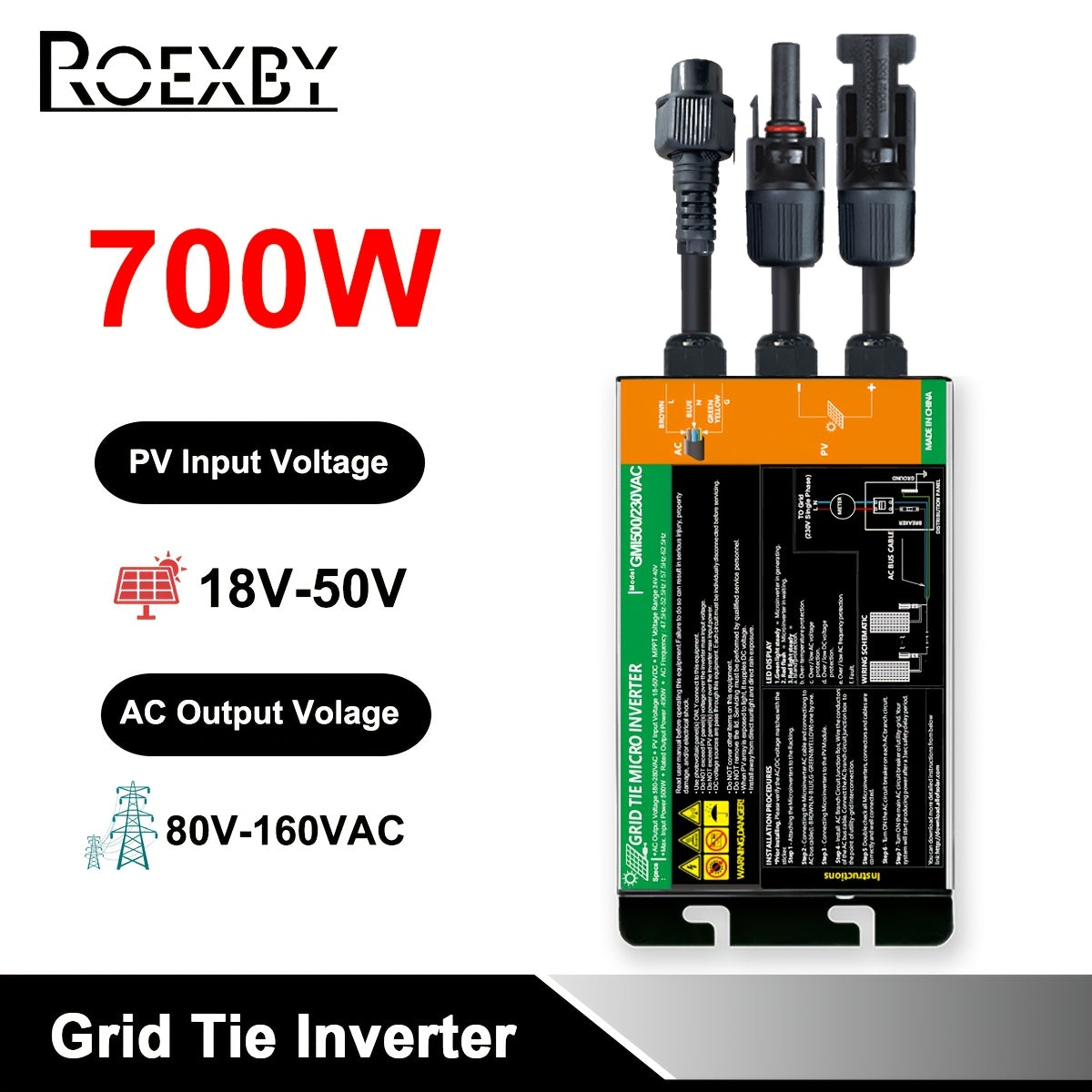 ROEXBY Solar PV Grid Tie Micro Inverter, 300W-700W, DC18V-50V to AC110V-280V, High-Efficiency Power Conversion for Home & Office, Micro Grid Inverter, 350W-600W, Solar Input, AC80V-220V