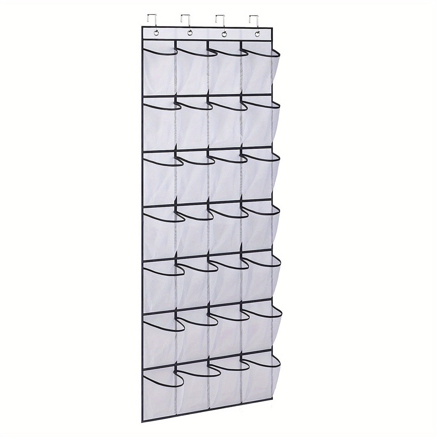 Get organized with our 1-piece over-the-door hanging shoe storage bag featuring 24 mesh pockets. This folding closet storage rack is perfect for storing socks, bras, and other household items, helping you save space in your bedroom, bathroom, office