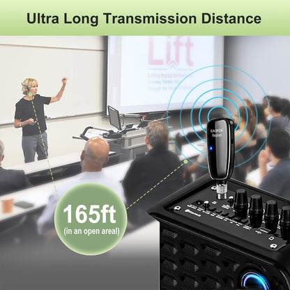 LED display wireless microphone headset for fitness with a 50.29 meter range, suitable for use with amplifiers, mic speakers, and PA systems.