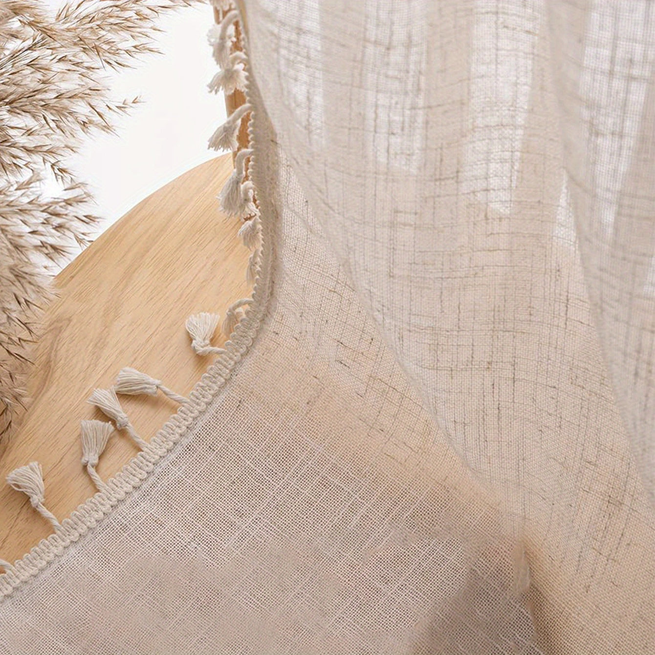 Beige lace linen sheer curtain with tassels, perfect for adding a touch of elegance to your bedroom, office, kitchen, living room, study, or home decor. Features a rod pocket for easy hanging.