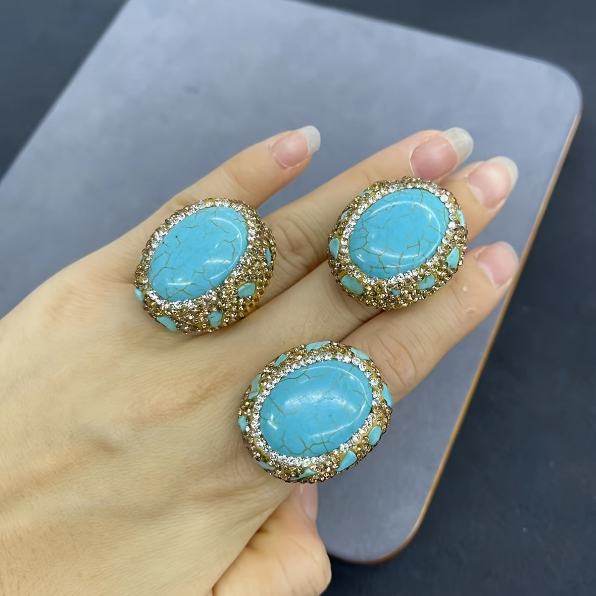 Handcrafted Ethnic Retro Jewelry - Adjustable Open Cocktail Ring with Turquoise Gemstone and Czech Artificial Diamond Inlay in Bohemian Vintage Style