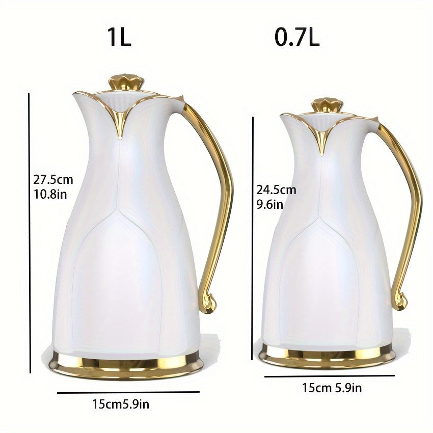 Beautiful insulated coffee carafe with a sleek double-walled design featuring a charming golden tree motif. This white ceramic thermal flask is vacuum sealed to keep beverages hot or cold. Perfect for tea and coffee lovers, this carafe is a must-have