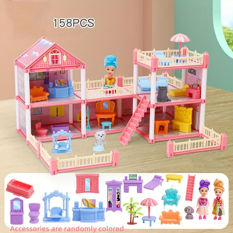 Girl playing with a dollhouse toy set in a children's simulation room, resembling a princess castle villa; ideal as a birthday gift.