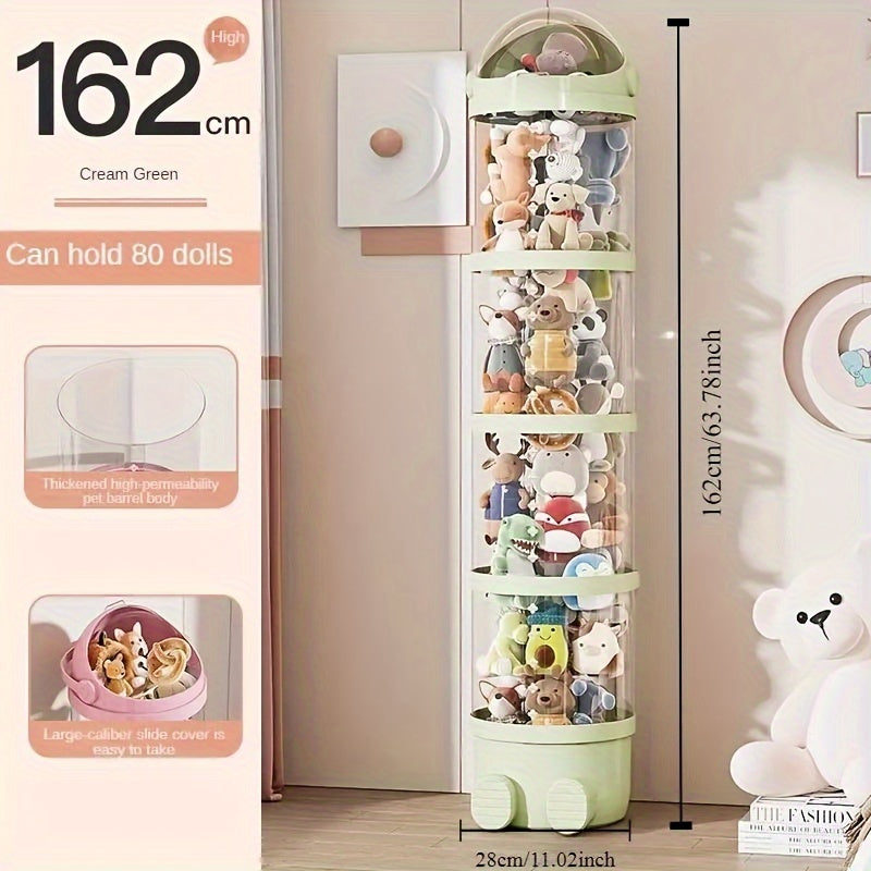 Acrylic doll storage organizer with multi-layer transparent display stand. Round flip design, waterproof plastic material. No power required. Ideal for plush toys and puppets, home and kitchen decor.