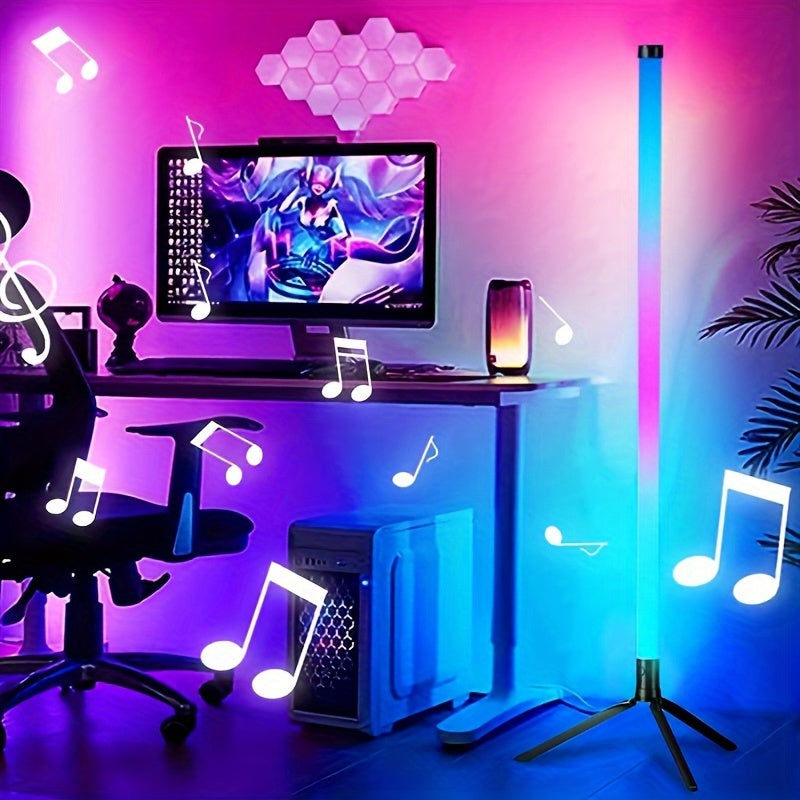 Smart LED floor lamp with app control, RGB music atmosphere, wireless, USB powered, multi-color standing lamp for various rooms and events. Not waterproof, no battery, with USB port.