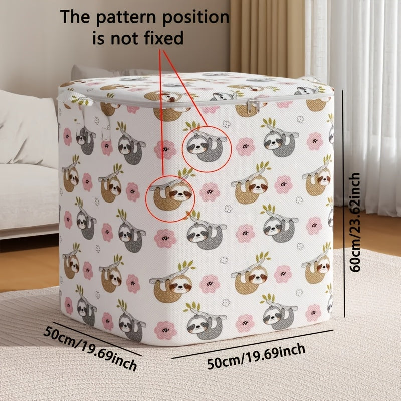 Large sloth-printed storage bag for bedding, clothes, quilts, and toys, perfect for bedroom or laundry room.