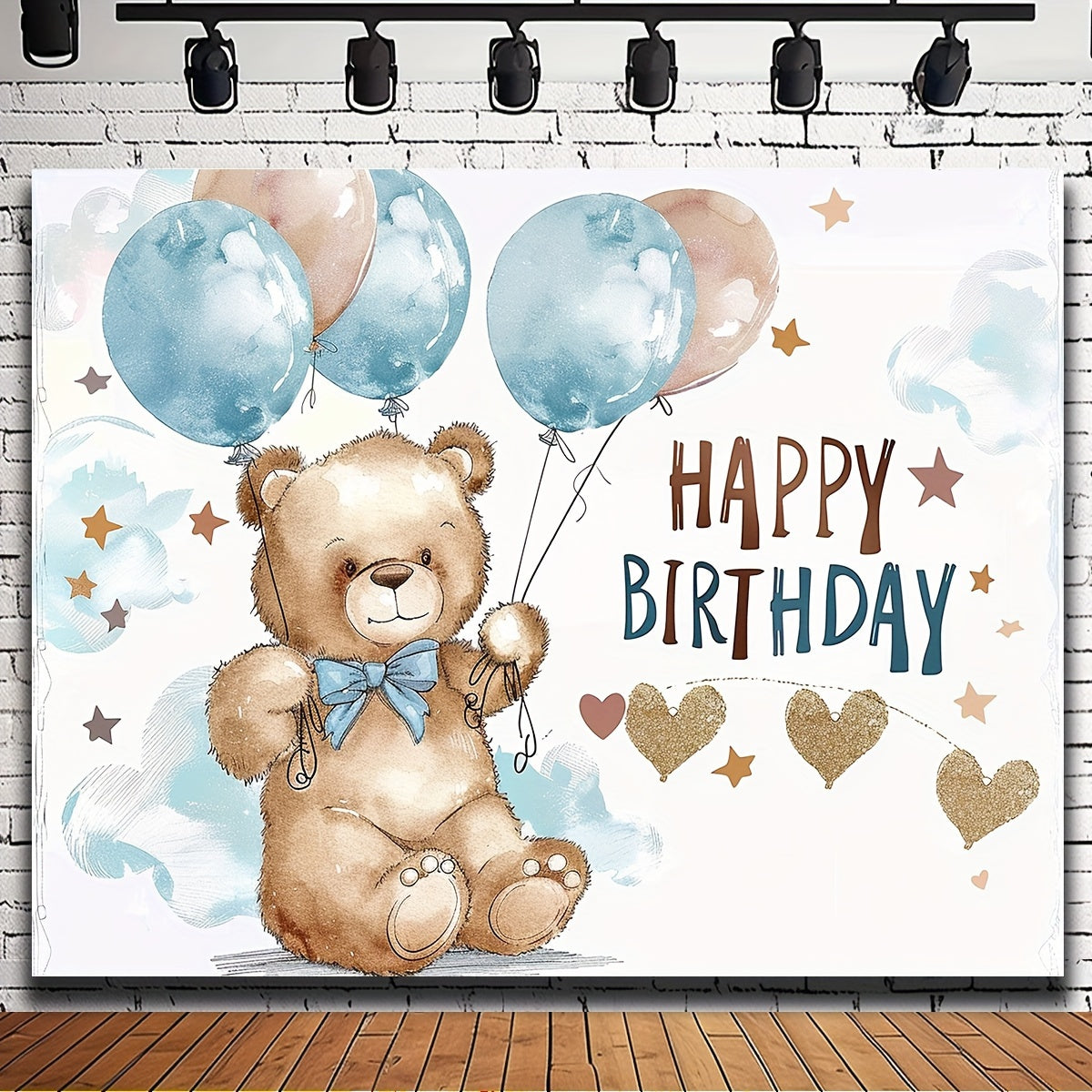 Youngsters' party backdrop featuring blue balloons, clouds, stars, and a cute teddy bear - perfect for birthdays.