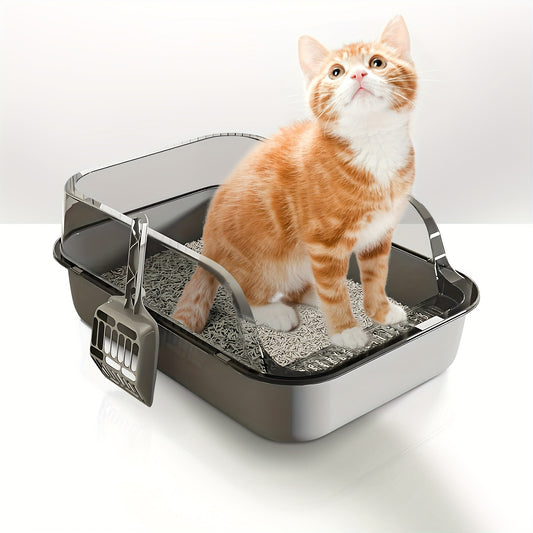 Three-piece high-quality plastic cat litter box with shovel, easy for cats to enter and exit, square high edge design for easy cleaning.