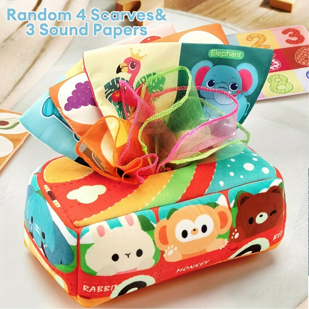 Animal School Bus Sensory Learning Toy Set - Includes Tissue Box, Educational Scarf, and Crinkle Paper. Made of Polyester in Mixed Colors by EDUVANKU