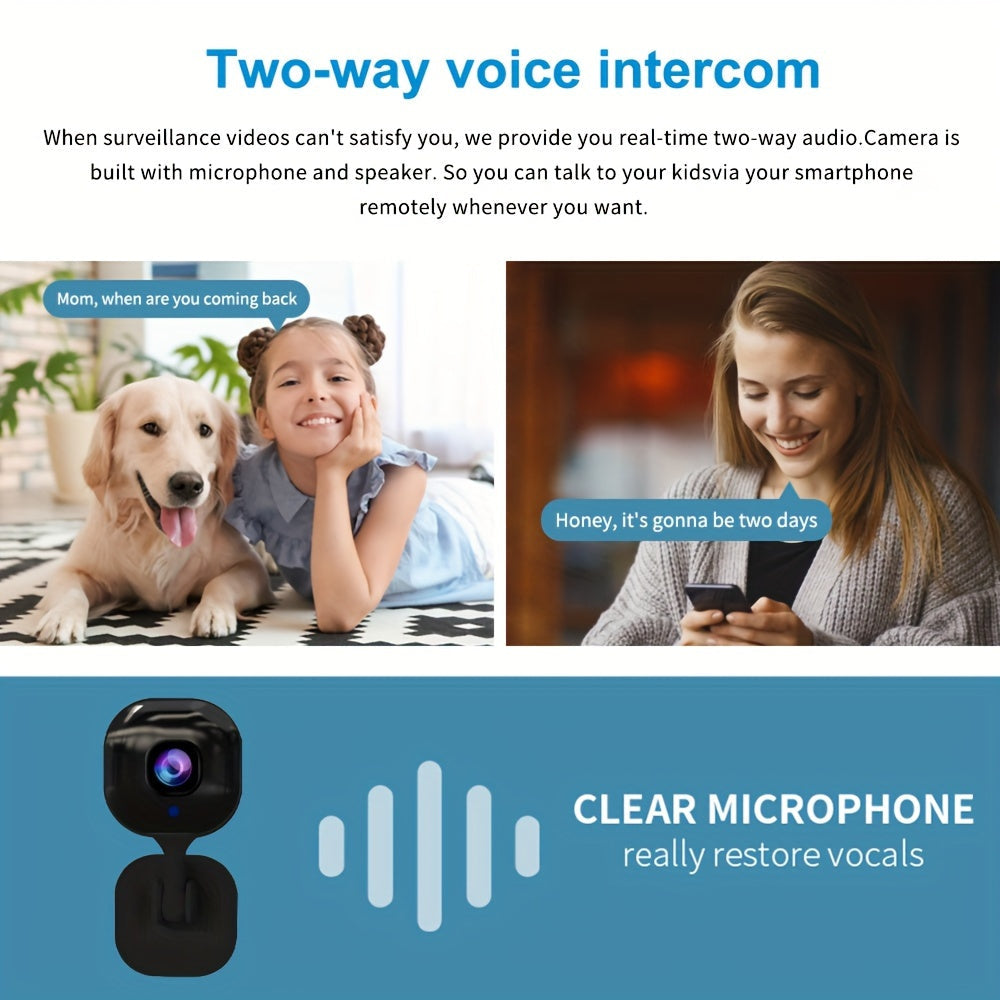 Home surveillance camera with wireless 2.4G WiFi connectivity, night vision, motion detection, instant alert capabilities, two-way audio, remote monitoring, and 480p video quality. USB powered for easy setup, designed for home and pet security, suitable