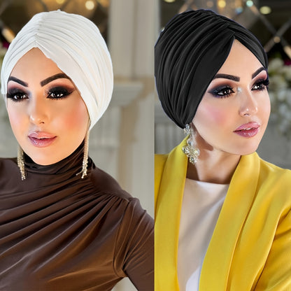 2 Women's Solid Color Pleated Hijab Caps in White & Black - Lightweight, Stretchy Polyester Under Scarf Hats for Ramadan and Casual Attire