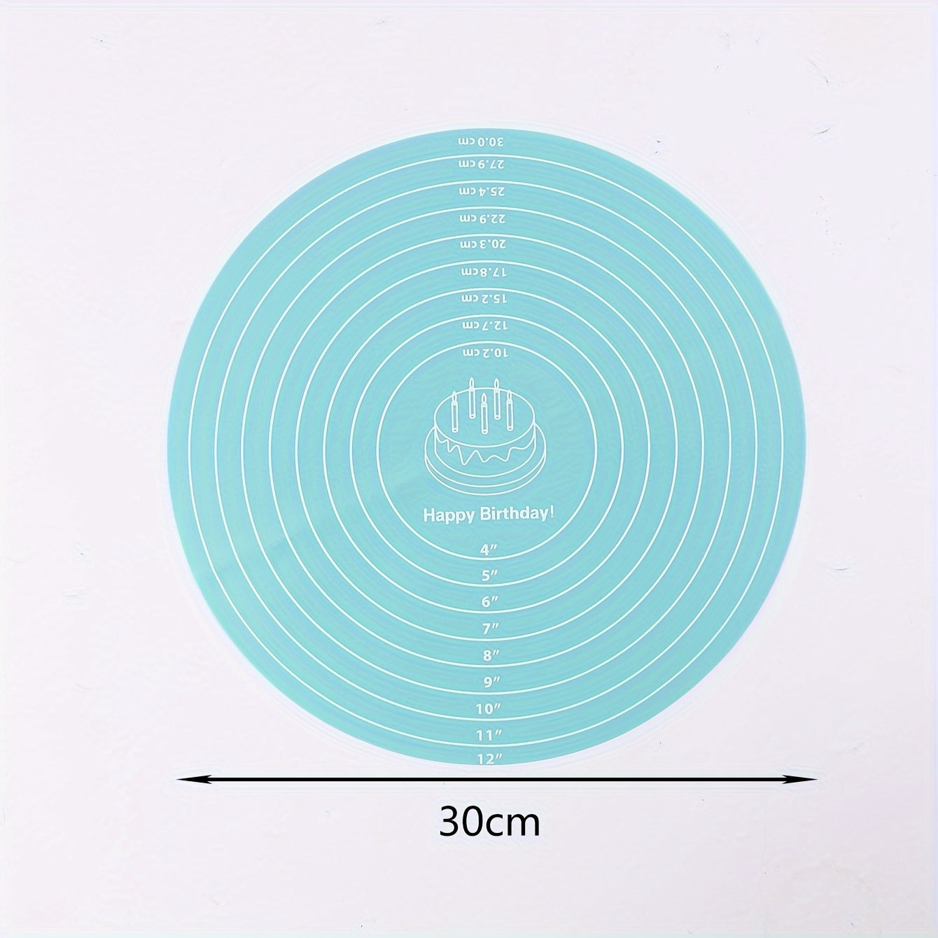 Silicone baking mat with measurements for cake turntable stand, non-stick and heat resistant. Perfect for pastry baking.