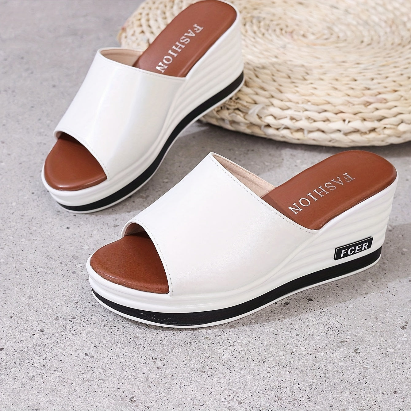 Women's white wedge sandals with a golden ankle accent and thick sole, perfect for casual summer wear.