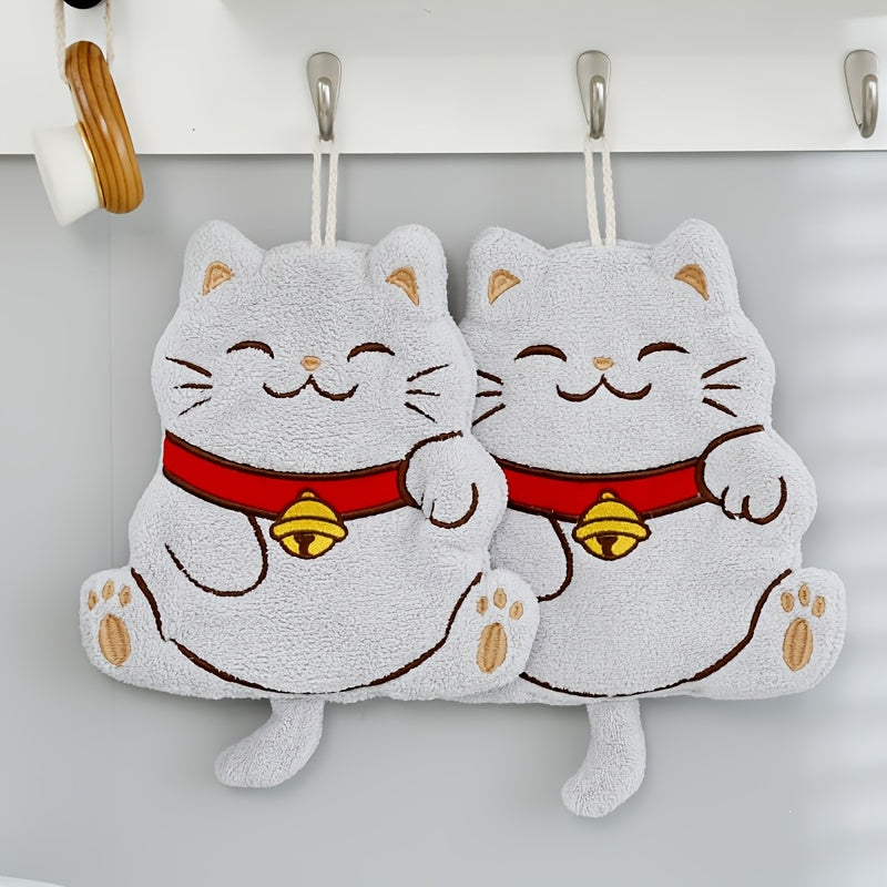 Cute Fortune Cat fingertip towel made of plush coral velvet, ideal for daily use in kitchen or bathroom, with hanging design.